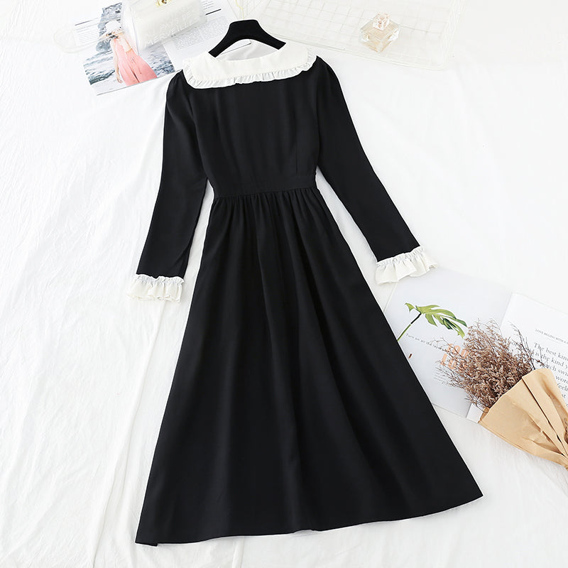Ruffled baby collar French small black skirt long style  3834