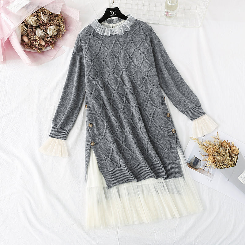 Retro-Pullover-Pullover + Rock mit Netzboden, zweiteiliger Anzugrock 3957