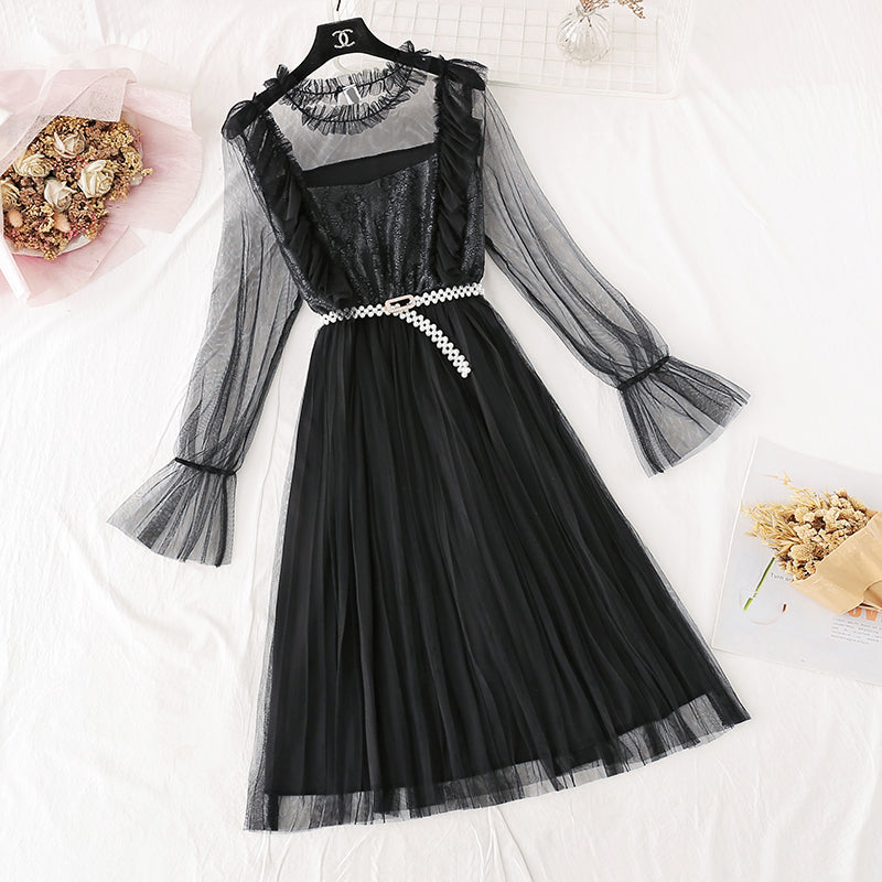 French retro knee pleated long skirt  4043