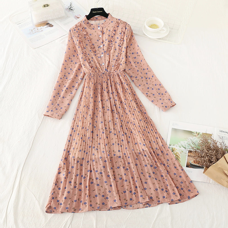 French Floral Chiffon pleated long skirt fairy super fairy series  3926