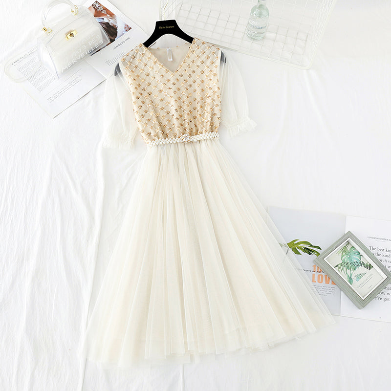 Gauze skirt shows thin temperament at the waist, French medium length  3829