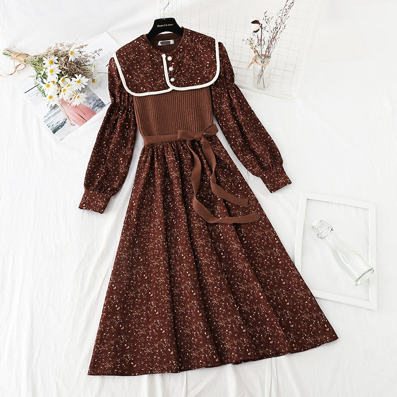 Lapel patchwork floral dress versatile aging skirt  4070