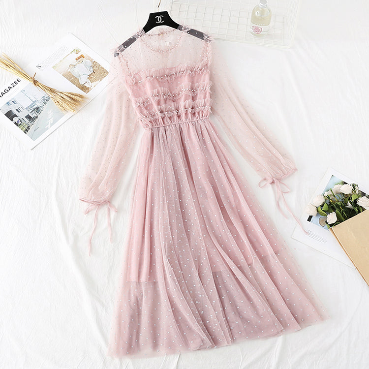 Sanftes Windnetzkleid Französisches Retro-Interieur mit unterem Rock 4004
