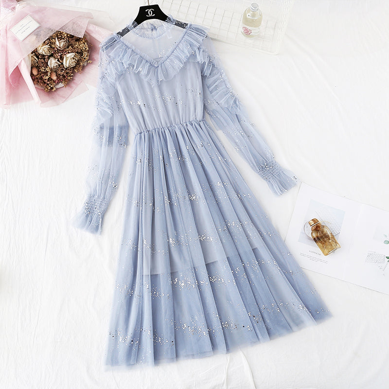 Ruffled suspender fairy Sequin mesh dress  3940