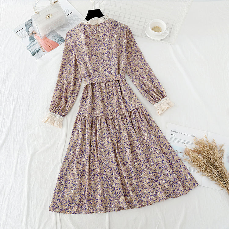 Retro waistband, slim temperament, gentle wind, Long Sleeve Chiffon Skirt  3893