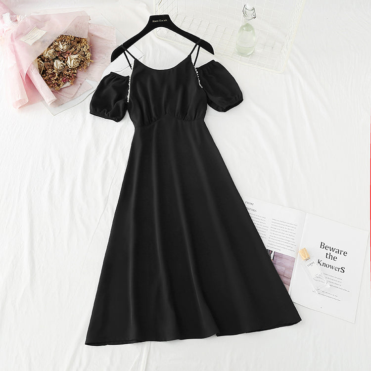 New French pearl shoulder strap temperament small skirt  4228