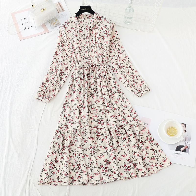 The new long sleeved chiffon skirt is sweet and slim  3913