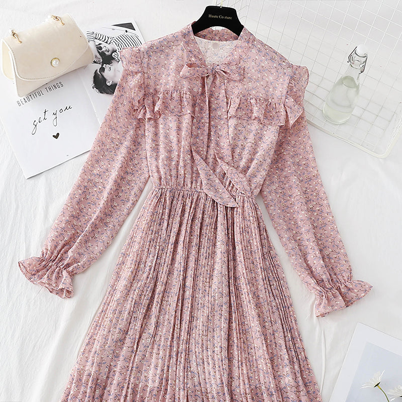 Bow chiffon dress shows thin temperament, slim pleated floral skirt  4089
