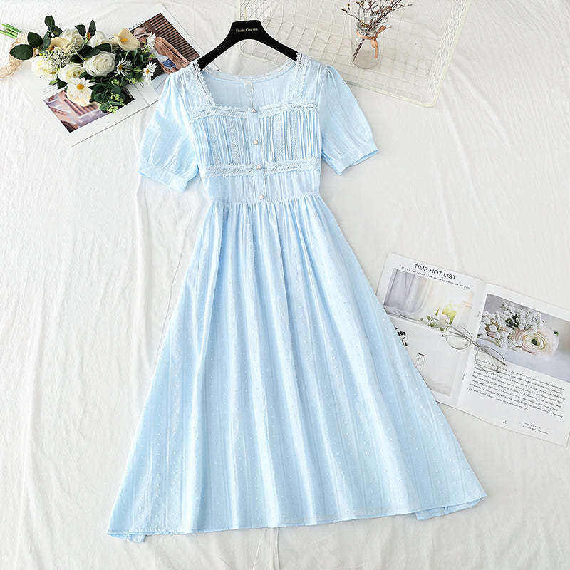 French Square Neck Lace stitching, waist closing, thin first love skirt  4240