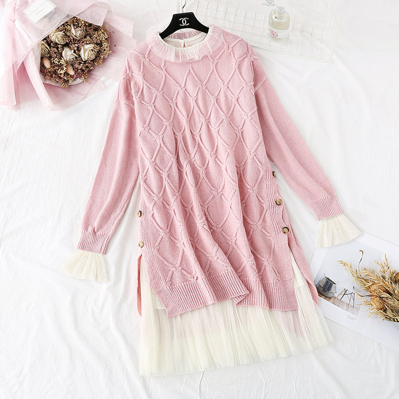 Retro-Pullover-Pullover + Rock mit Netzboden, zweiteiliger Anzugrock 3957