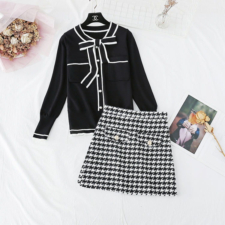 Knitwear + tweed skirt two piece dress   3951