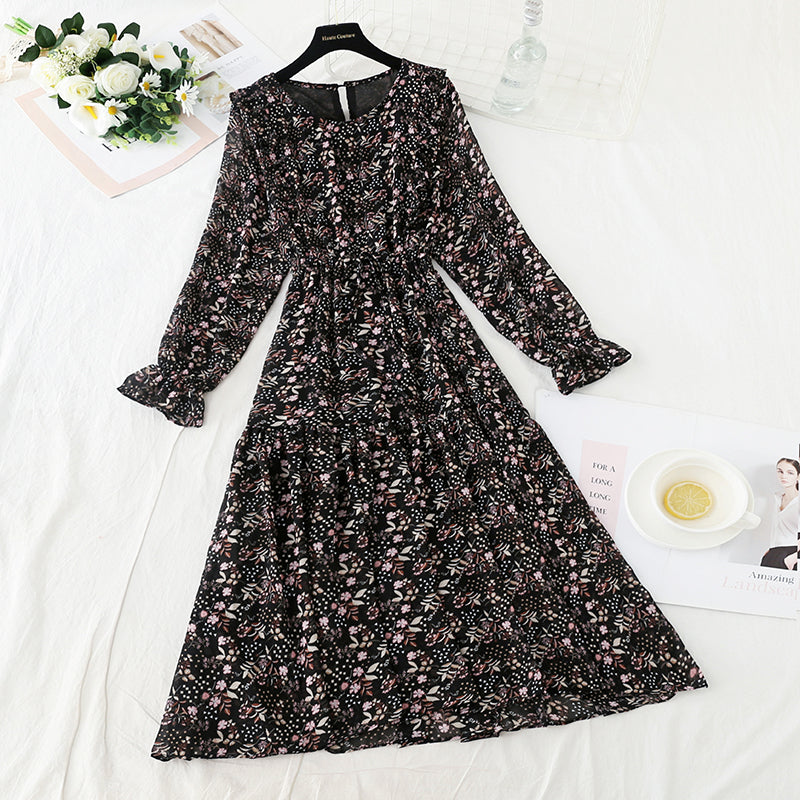 Chiffon waistband slim round neck fungus super xiansen floral skirt  3932