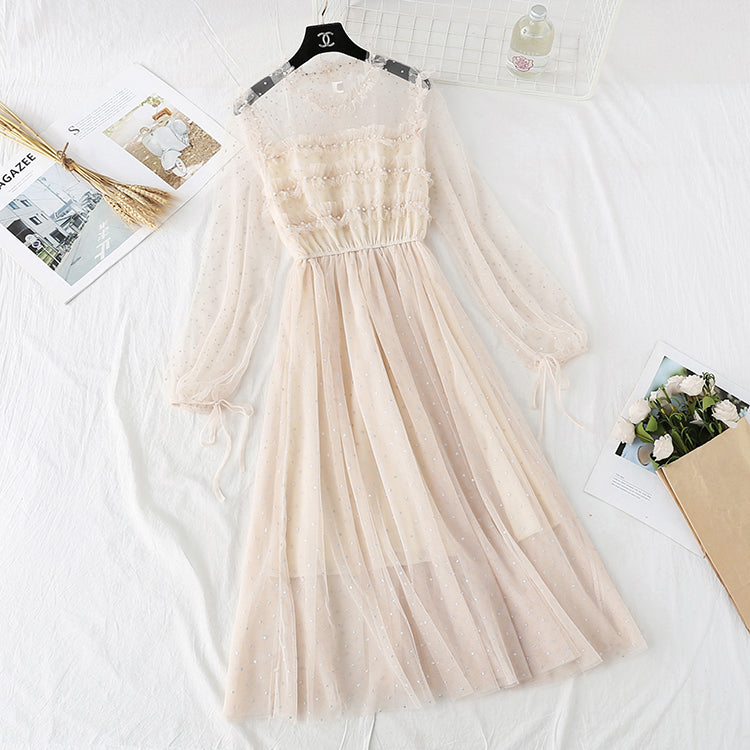 Sanftes Windnetzkleid Französisches Retro-Interieur mit unterem Rock 4004