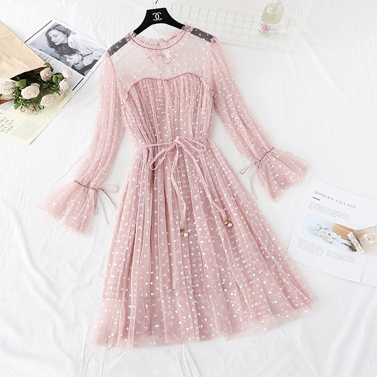 Sweet wave dot lace mesh dress  4039