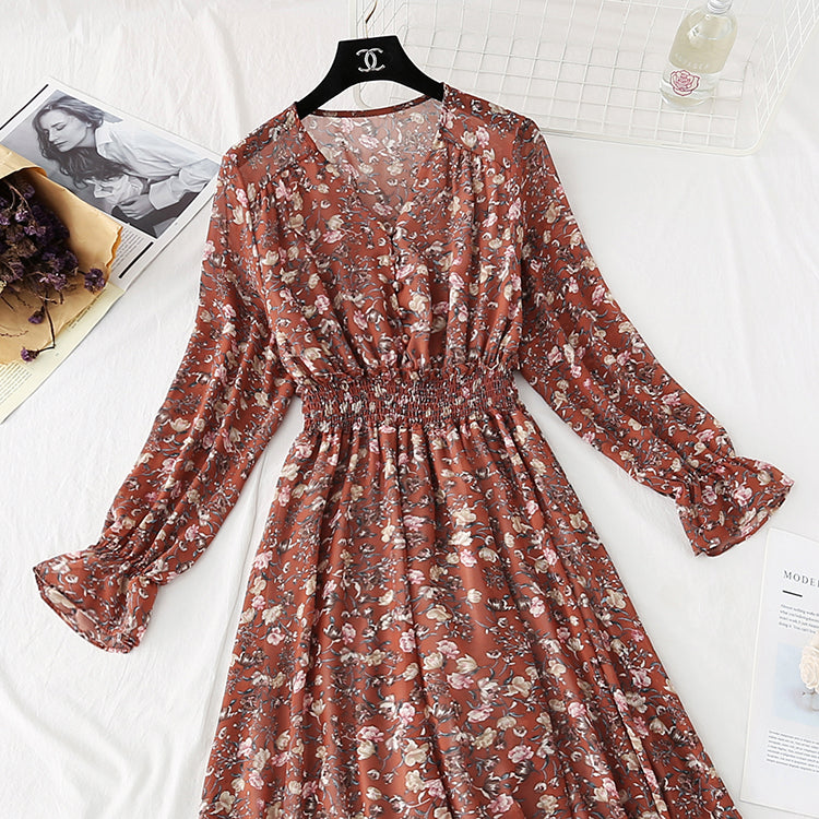 French retro floral dress fairy super fairy waist  4030