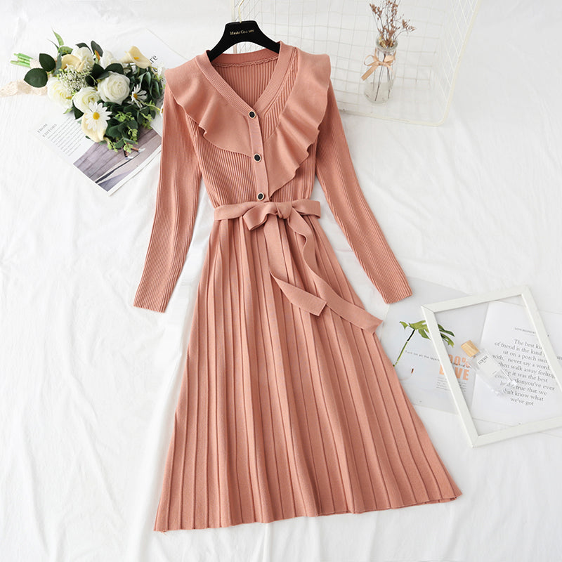 Ruffle lace up waist slim red dress  4068