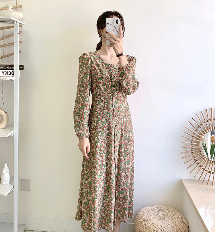 Knielanges Vintage-Blumenkleid mit eckigem Ausschnitt und Schnürung 3911