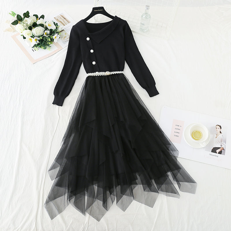 Temperamentvolles, sanftes Kleid 3923 mit Mesh-Nähten, unregelmäßigem, langem Rock und Taillenverschluss