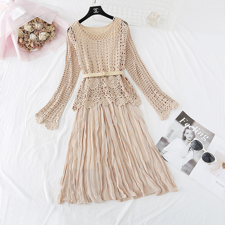 Hollowed out lace blouse Chiffon Dress  4010