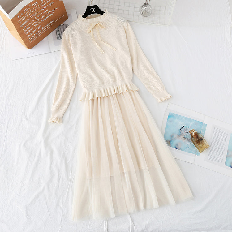 Flounced suspender mesh knitted dress  3946