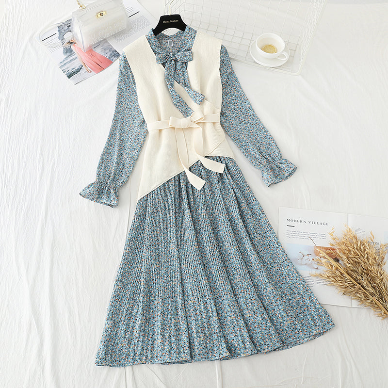 Suit knitted vest Pleated Chiffon Skirt two piece long skirt  3909