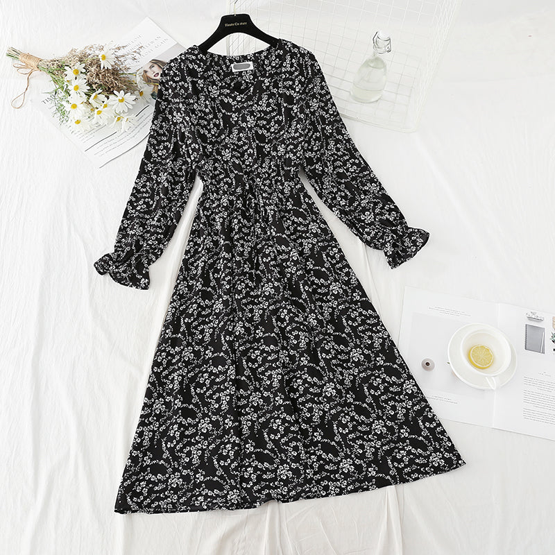 Chiffon floral dress with slim waist and gentle lady skirt  4091