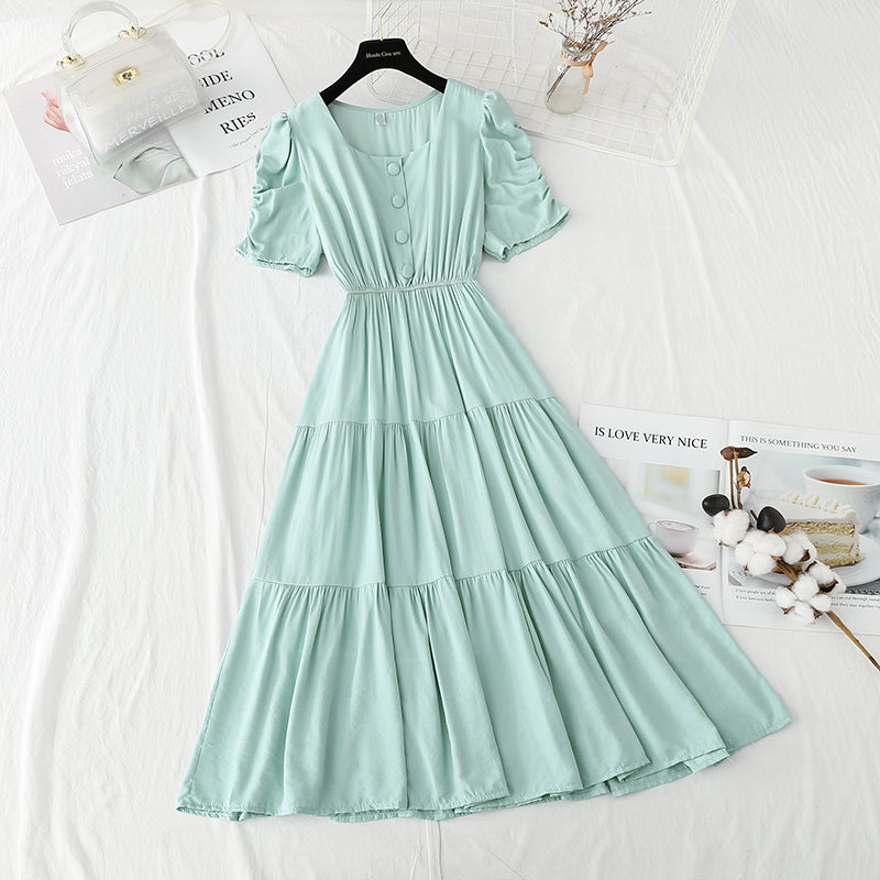 French square neck bubble sleeve fairy skirt with thin temperament  4241