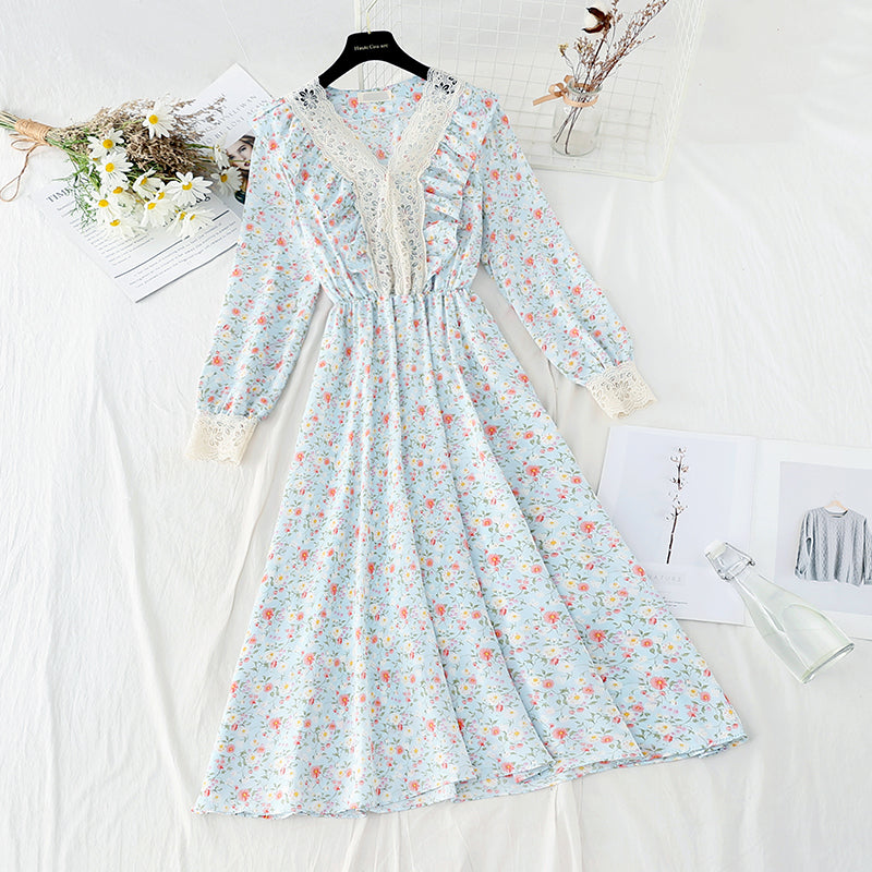 Lace stitched chiffon skirt shows thin elastic waist temperament  4080