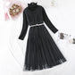 Mesh vest skirt + high neck bottomed shirt two-piece set  3979