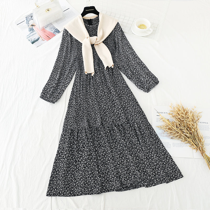 Long large skirt stitched small fresh floral dress with shawl  3880