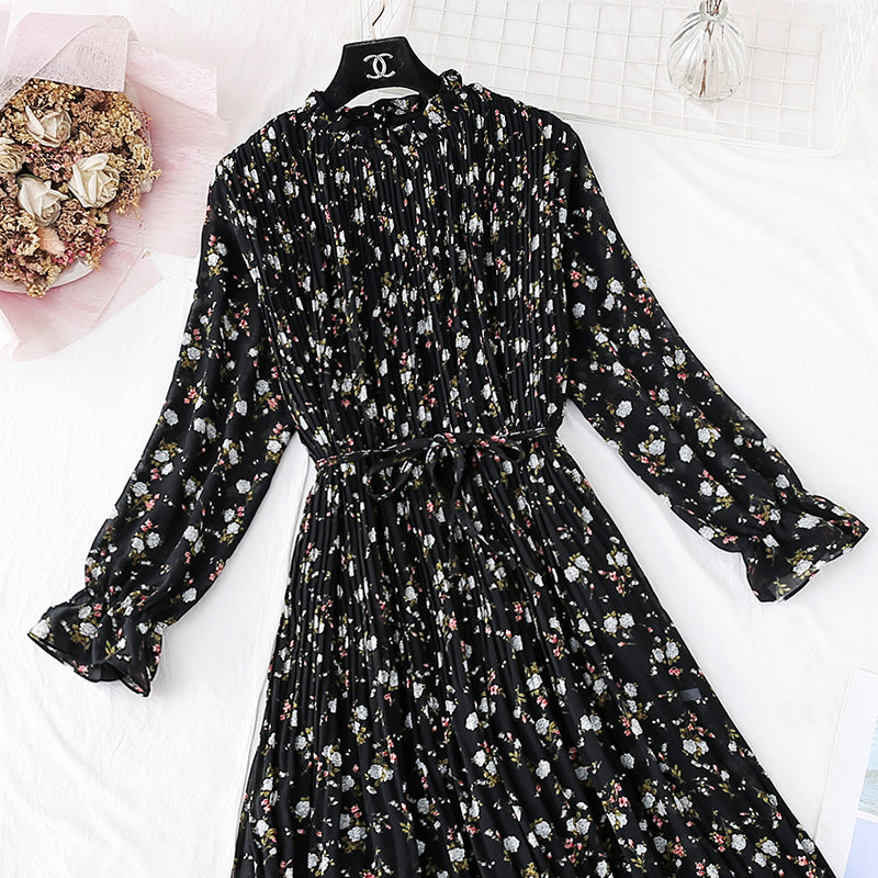 Gentle wind French retro wave point chiffon dress women  3986