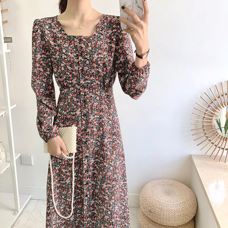 Knielanges Vintage-Blumenkleid mit eckigem Ausschnitt und Schnürung 3911