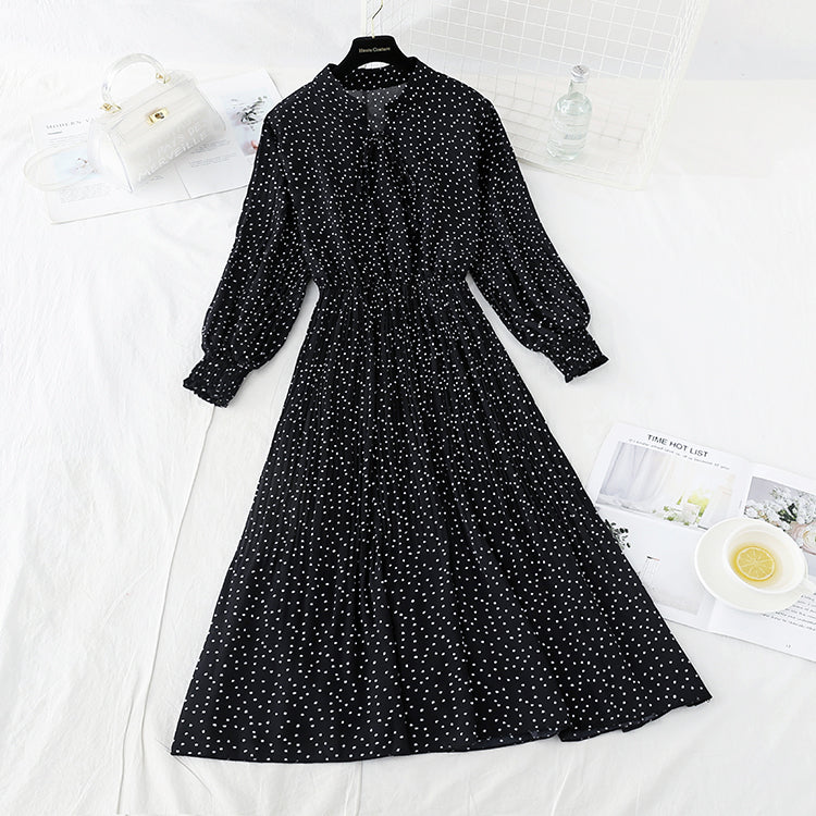 Chiffon Vintage wave point pleated knee bottom skirt  3845
