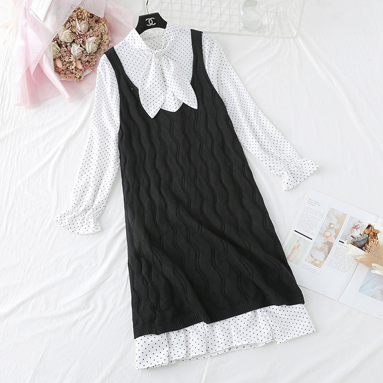 College storm point skirt + knitted vest two-piece suit female  3854
