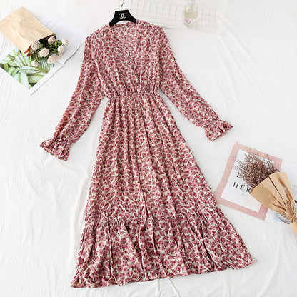Retro broken flower pleated Korean version waist fairy long skirt  3814
