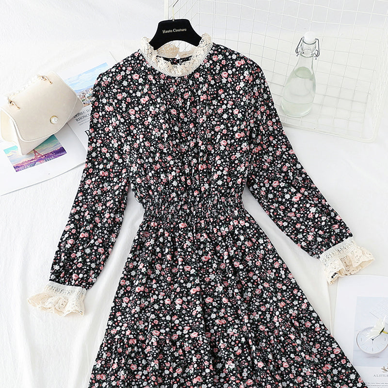 Lace patchwork floral dress with bottom skirt for women  4056