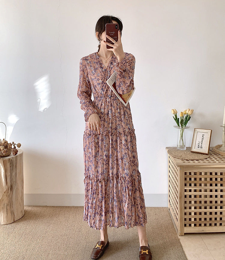 Thin V-neck pleated retro gentle wind over knee floral skirt  3910