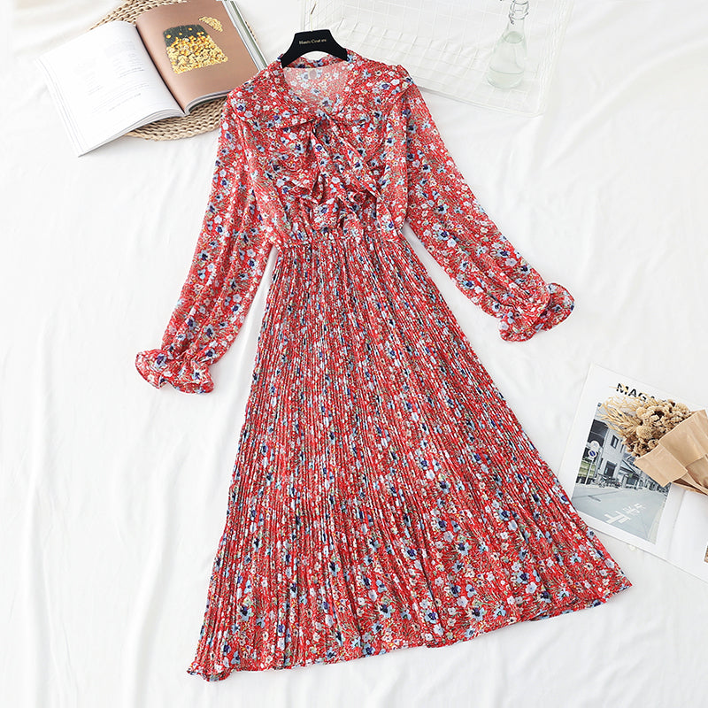 Broken Flower Chiffon pleated skirt with high and thin length over the knee  3878
