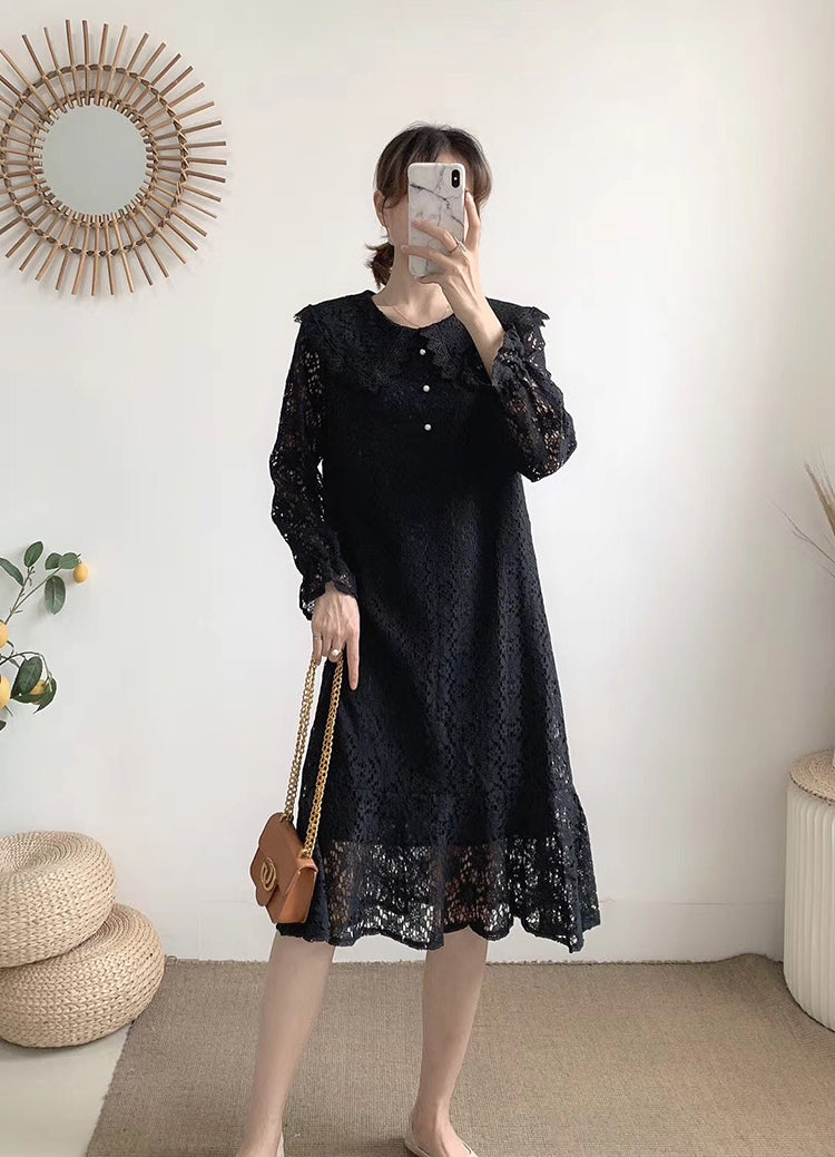 Lapel cut-out lace up waist slim over knee solid long skirt  3905
