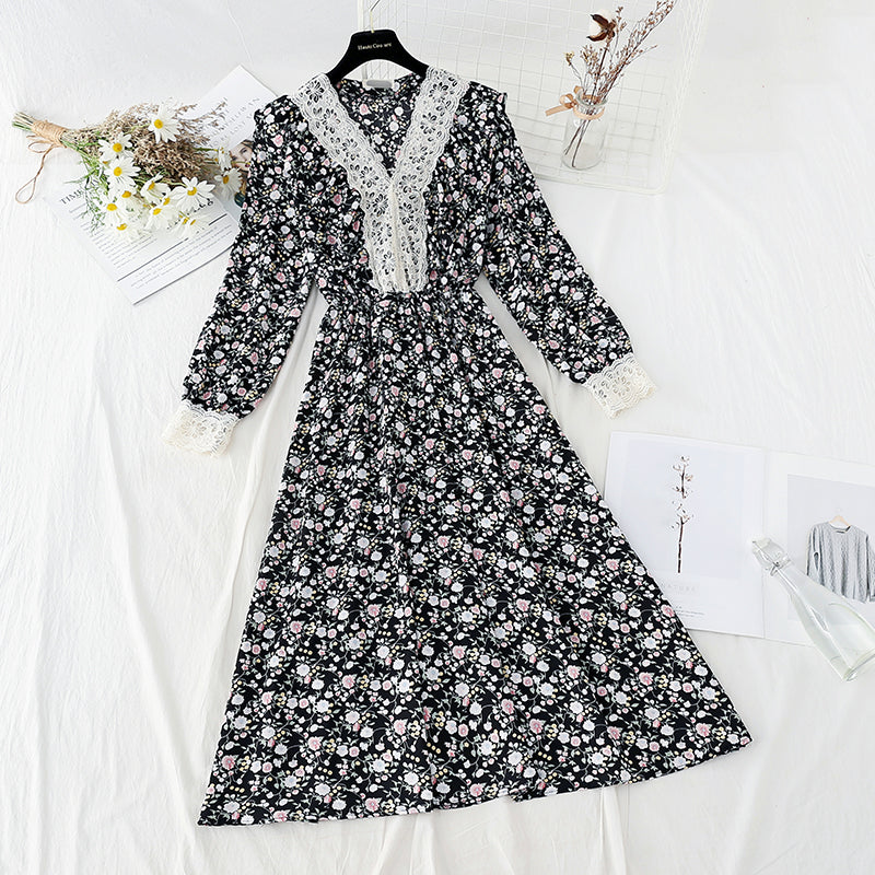 Lace stitched chiffon skirt shows thin elastic waist temperament  4080