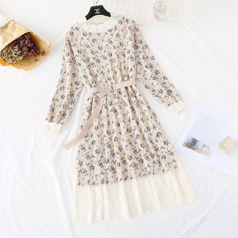 Printed French retro pleated slim waist skirt  3967