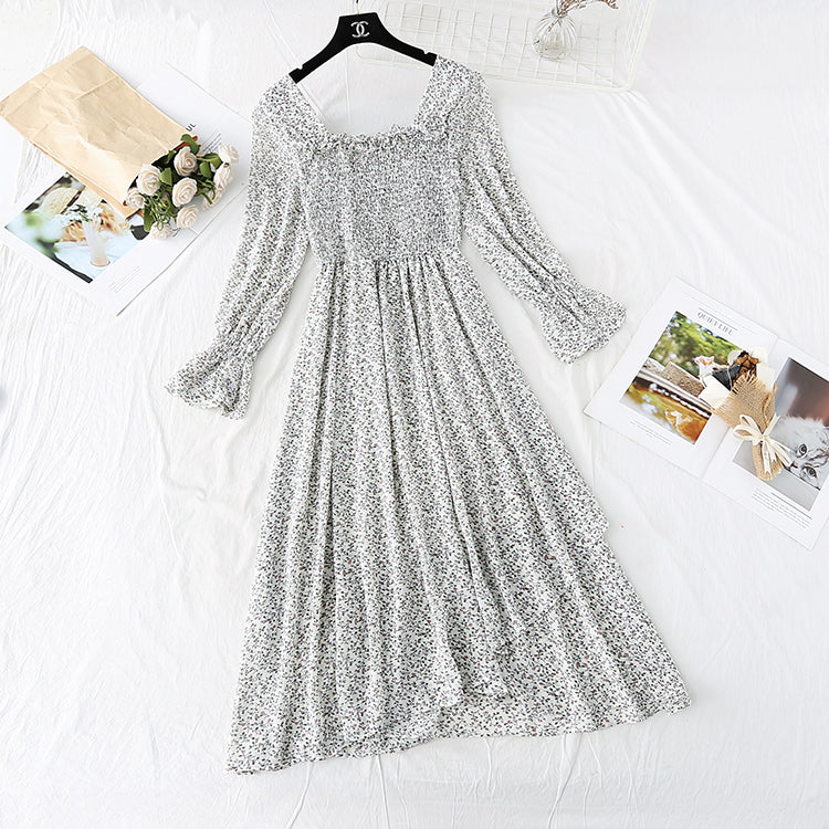 French retro square collar with slim waist and floral long skirt  4022