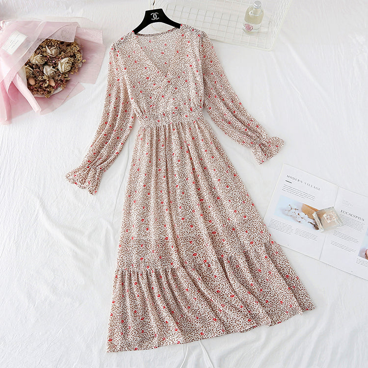 V-neck floral skirt with a slim waist and a long skirt with a large swing  4029