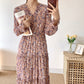 Thin V-neck pleated retro gentle wind over knee floral skirt  3910