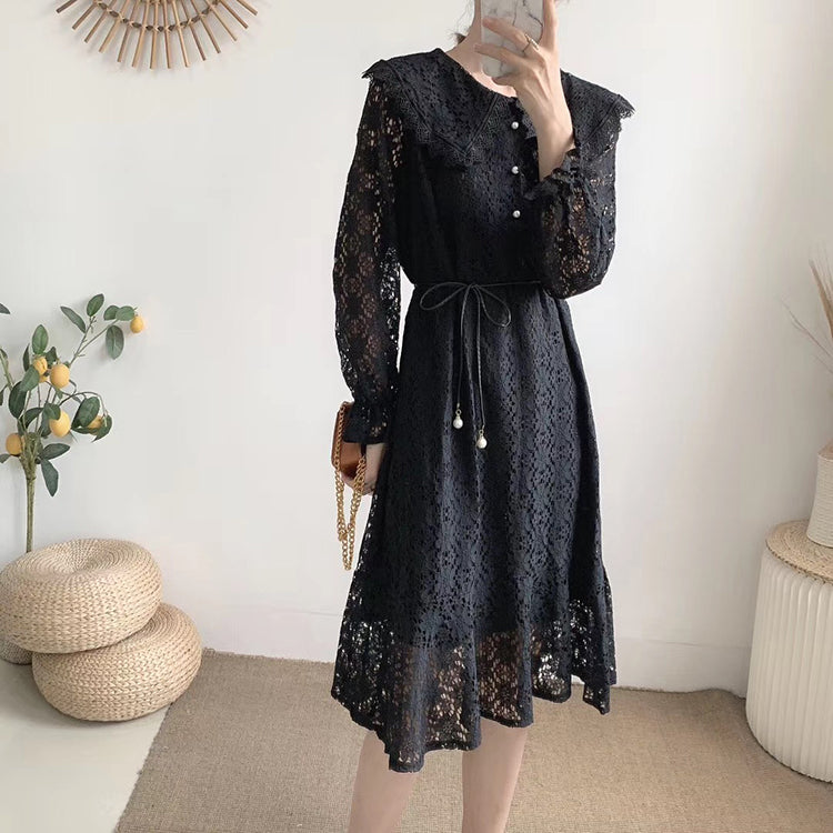 Lapel cut-out lace up waist slim over knee solid long skirt  3905