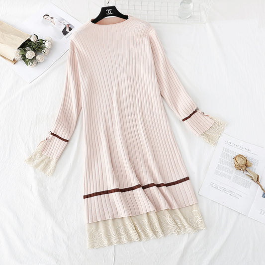 Sweater lace stitching fake two skirts  3803
