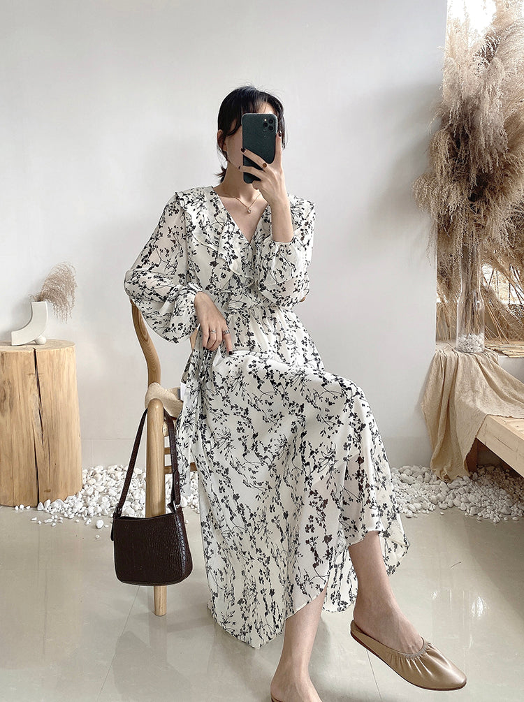 Retro High Waist over knee thin Chiffon Dress  3882