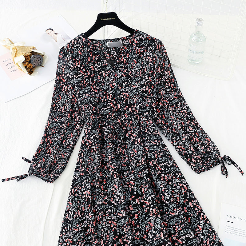 Waist lace up thin Chiffon gentle wind Floral Dress  3885