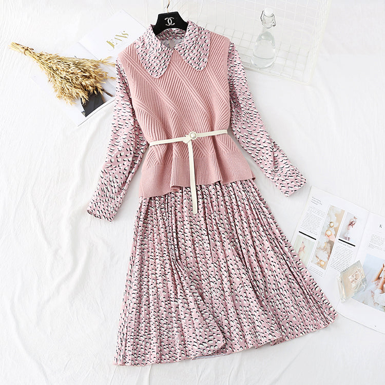 Sweater sweet baby Collar Chiffon Skirt Suit two-piece suit  3802