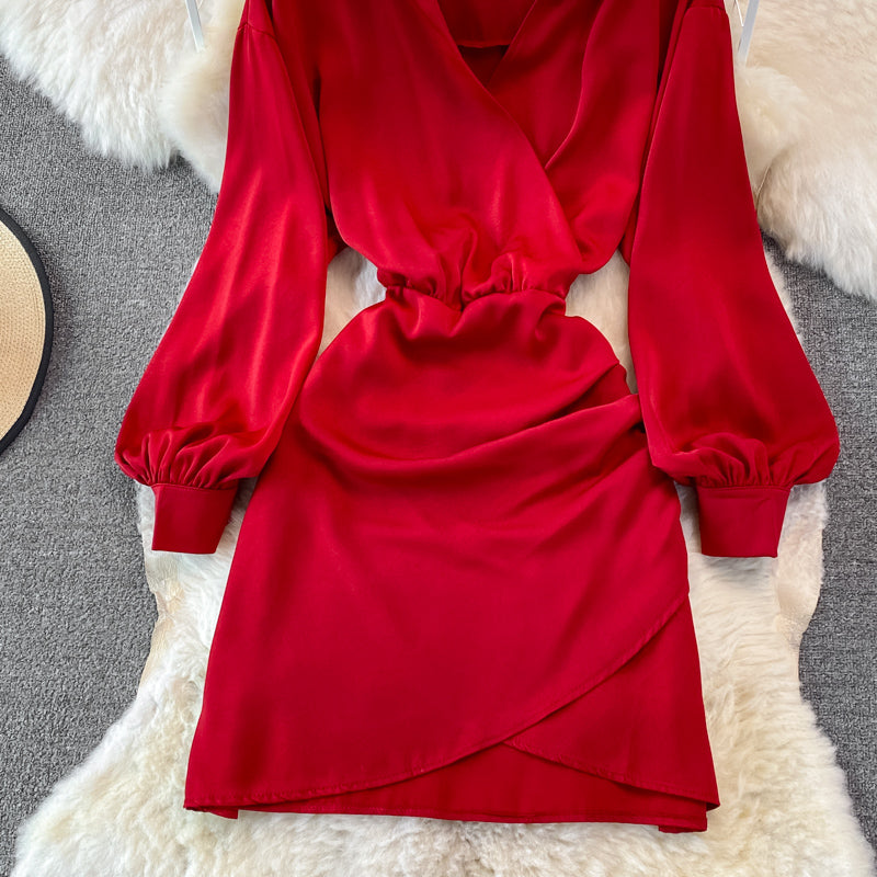 Lapel waistband slim pleated buttock bottomed dress  3752